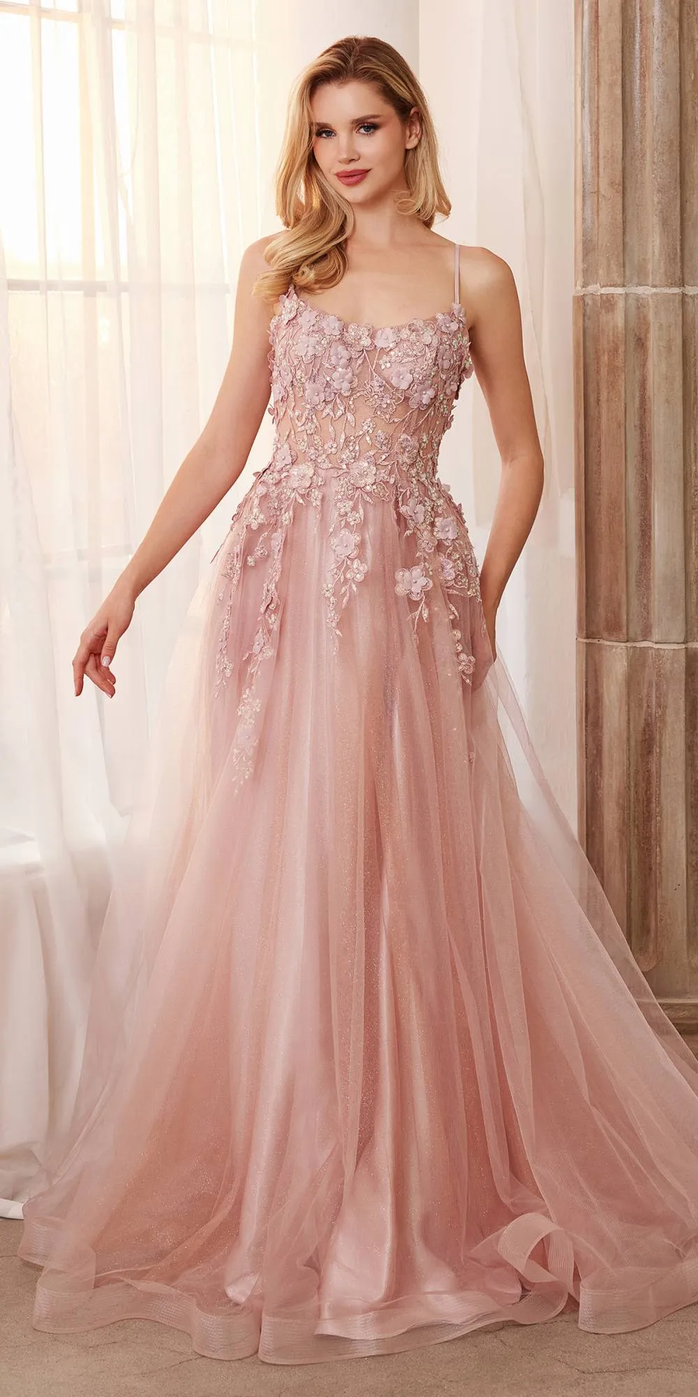 Andrea & Leo A1142 Floor Length Floral Applique A-Line Tulle Gown