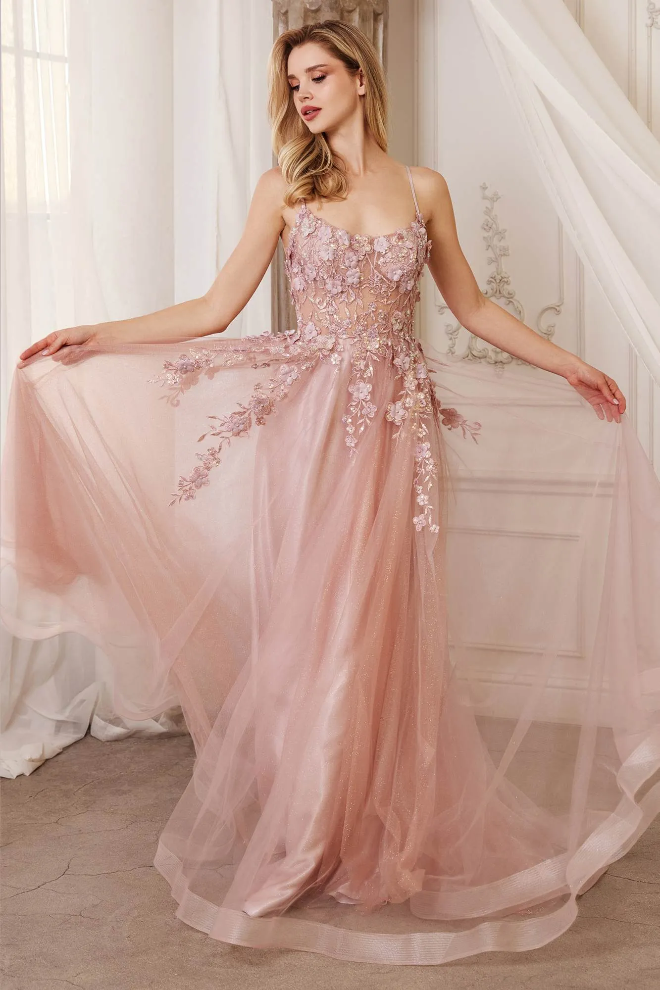 Andrea & Leo A1142 Floor Length Floral Applique A-Line Tulle Gown