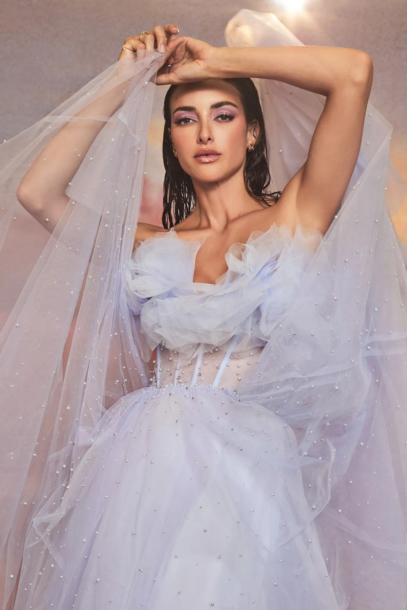 Andrea & Leo A1199 Floor Length Gathered Tulle Pearl A-Line Ball Gown