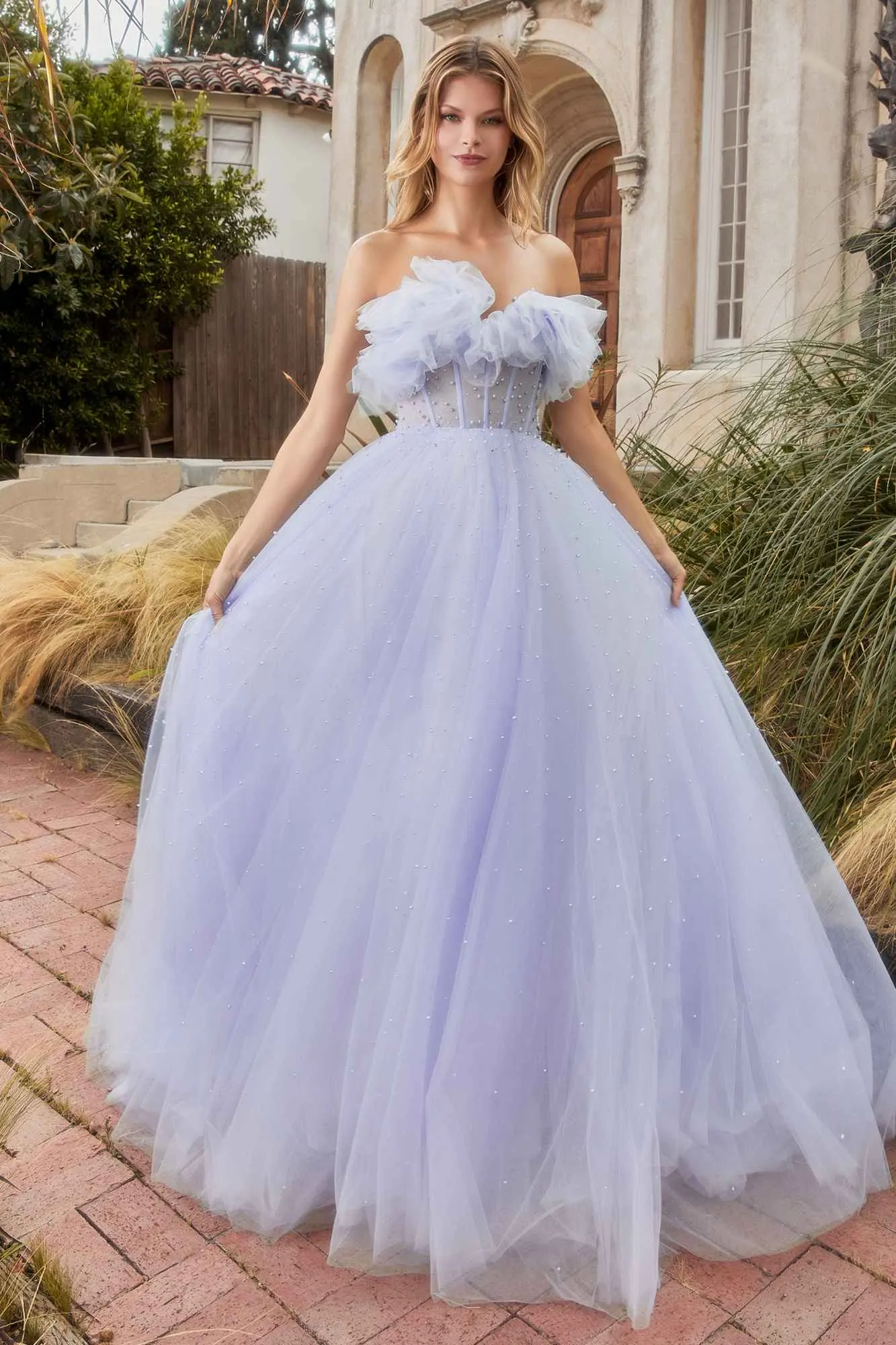 Andrea & Leo A1199 Floor Length Gathered Tulle Pearl A-Line Ball Gown