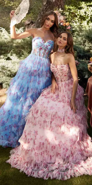 Andrea & Leo A1334 Long Floral Printed Strapless Tiered Skirt Dress