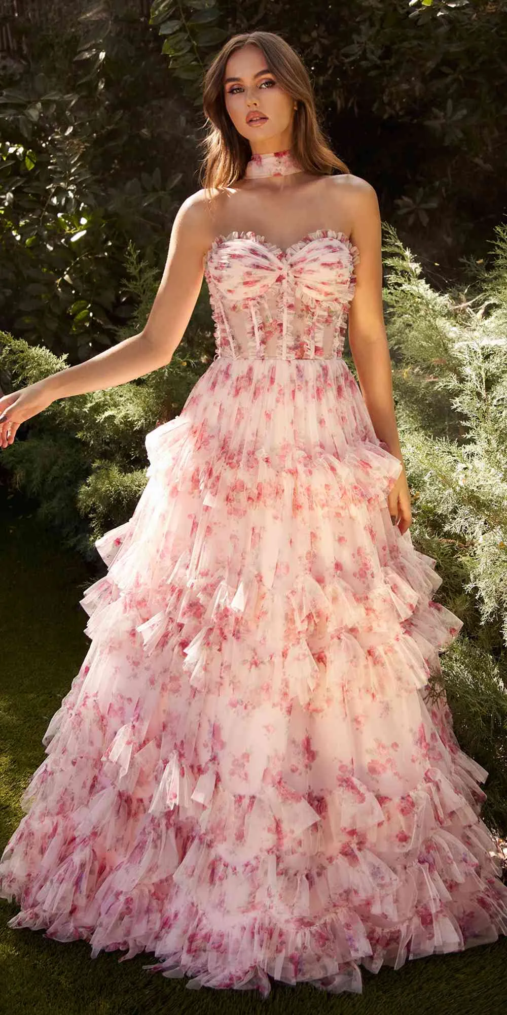 Andrea & Leo A1334 Long Floral Printed Strapless Tiered Skirt Dress