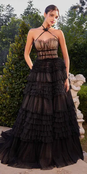 Andrea & Leo A1335 Long Halter Chocker Layered Ruffle Tiered Gown