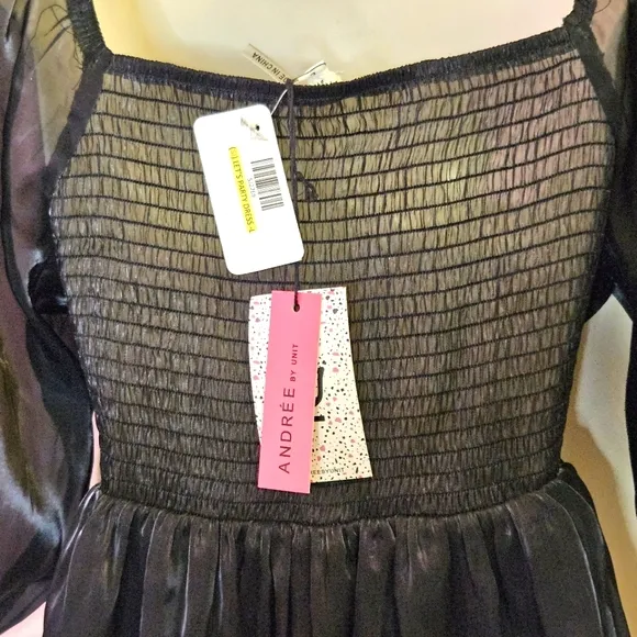 ANDREE By Unit Black Let's Party Dress, Shimmery Puff Sleeve, Large, NWT