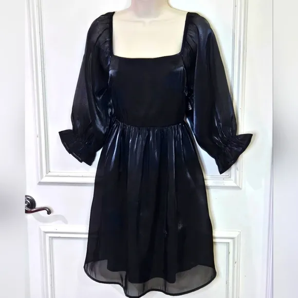 ANDREE By Unit Black Let's Party Dress, Shimmery Puff Sleeve, Large, NWT