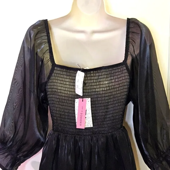 ANDREE By Unit Black Let's Party Dress, Shimmery Puff Sleeve, Large, NWT