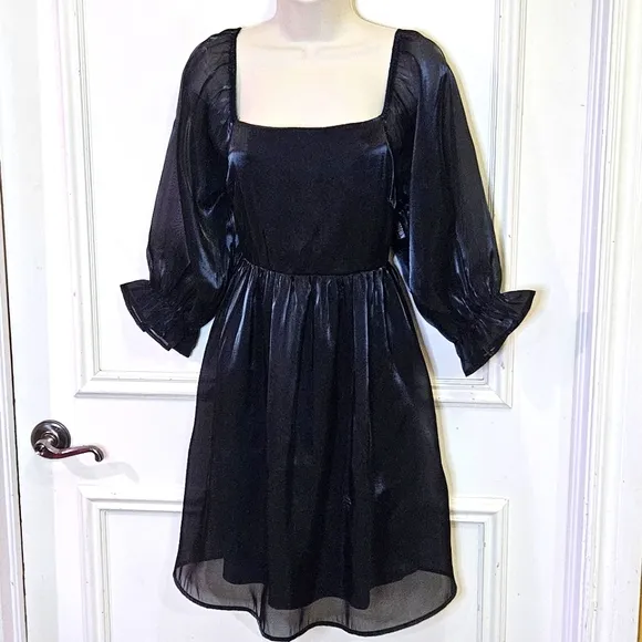 ANDREE By Unit Black Let's Party Dress, Shimmery Puff Sleeve, Large, NWT