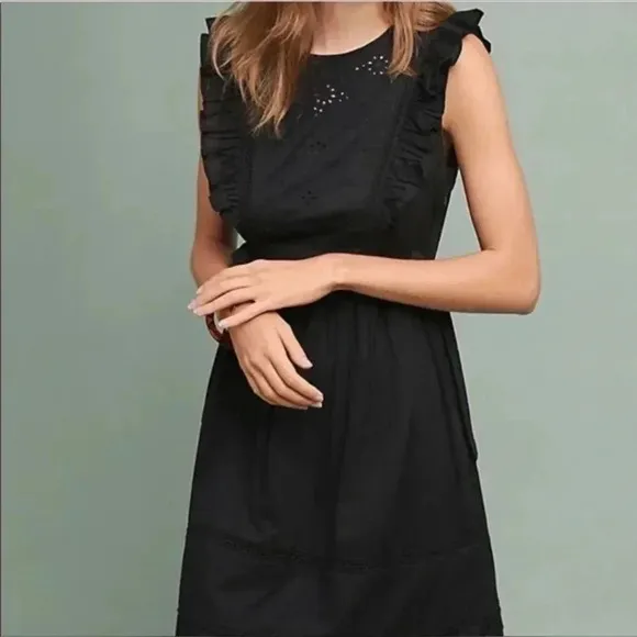 Anthropologie Lenon Eyelet Fit &amp; Flare Dress Black Tie Sz. Small NWT $200