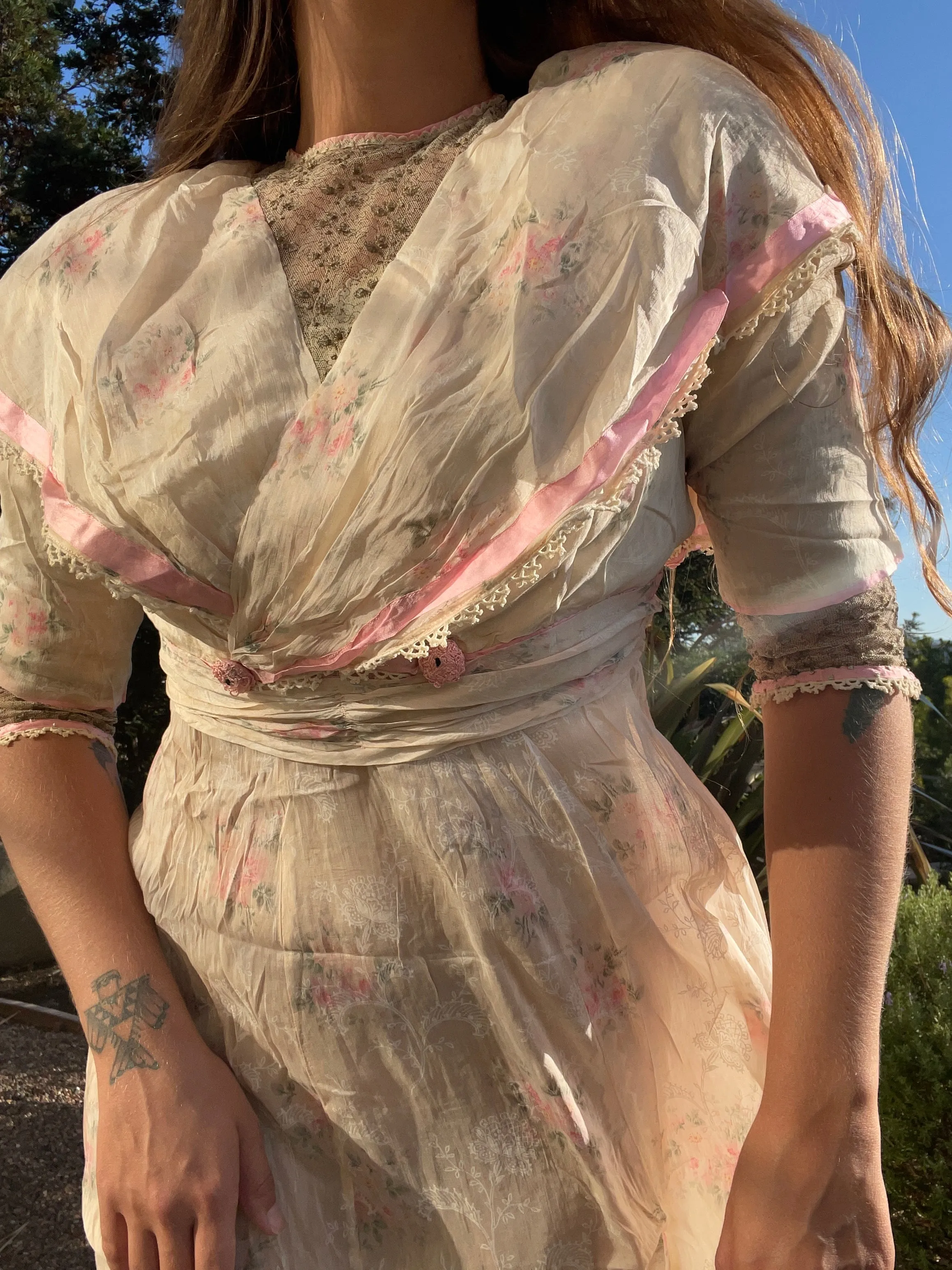 Antique Edwardian Watercolor Springtime Floral Gown