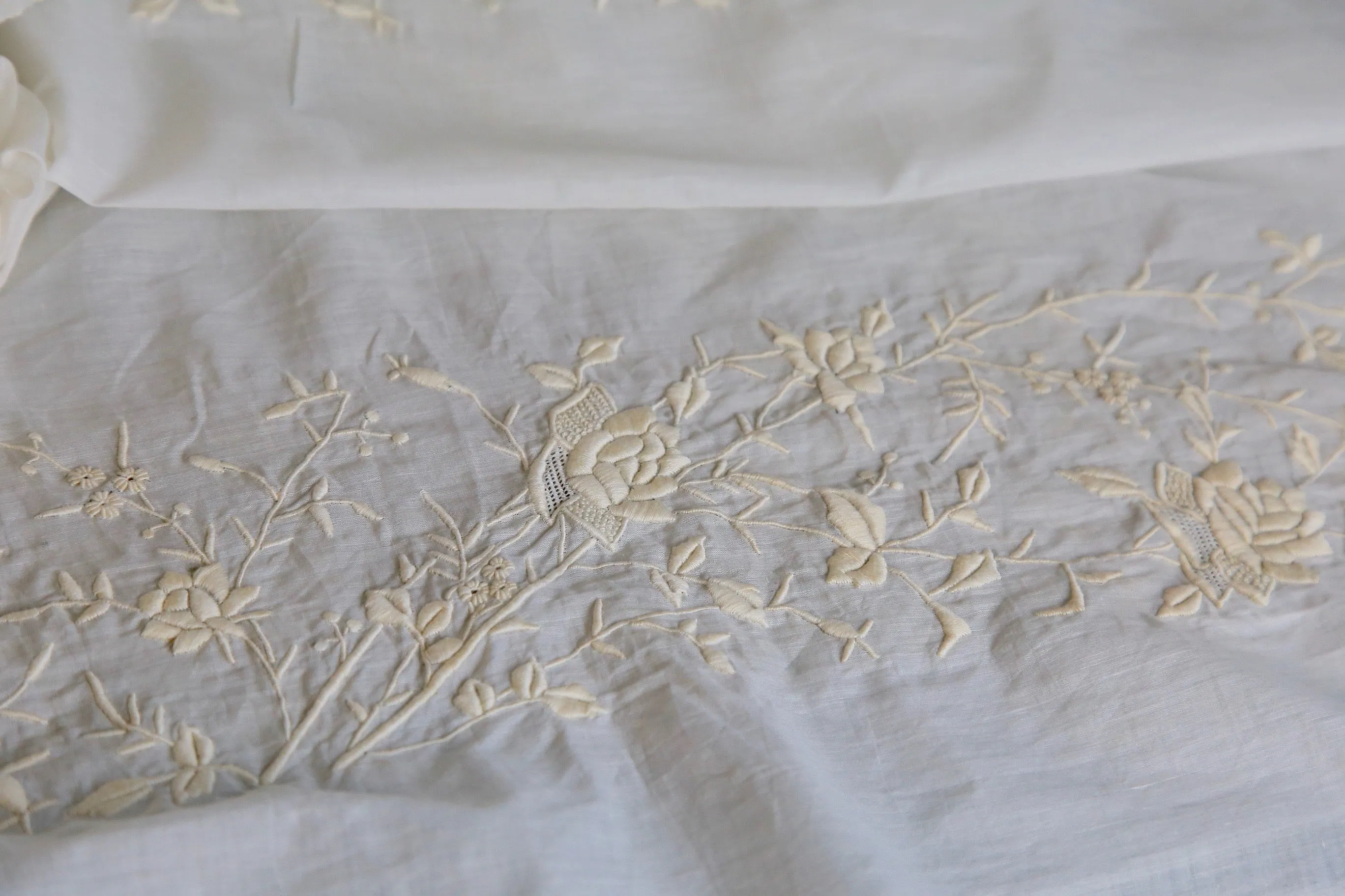 Antique Victorian 1890s sheer cotton lawn floral embroidered tea gown fabric 5 yards