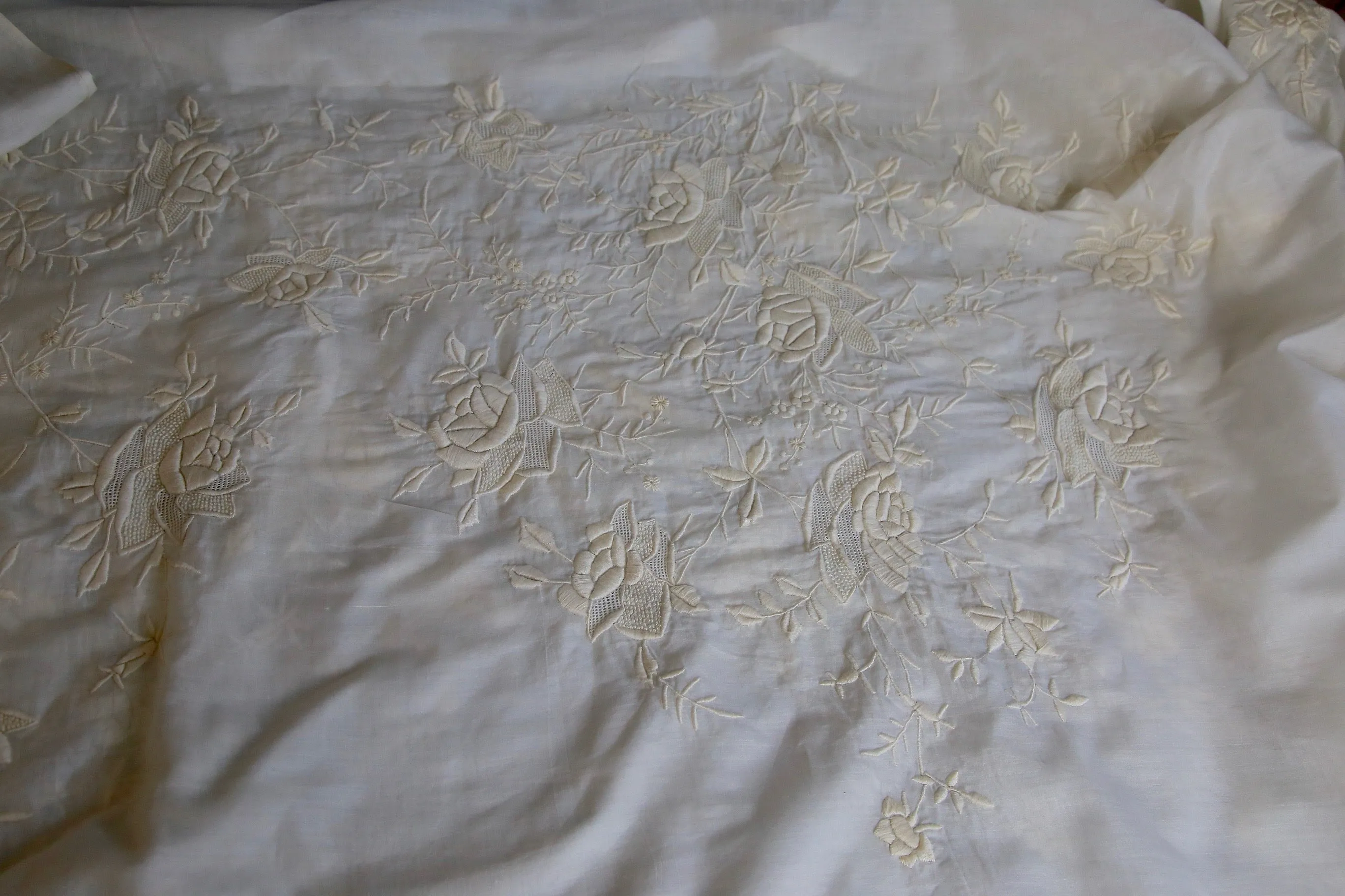 Antique Victorian 1890s sheer cotton lawn floral embroidered tea gown fabric 5 yards
