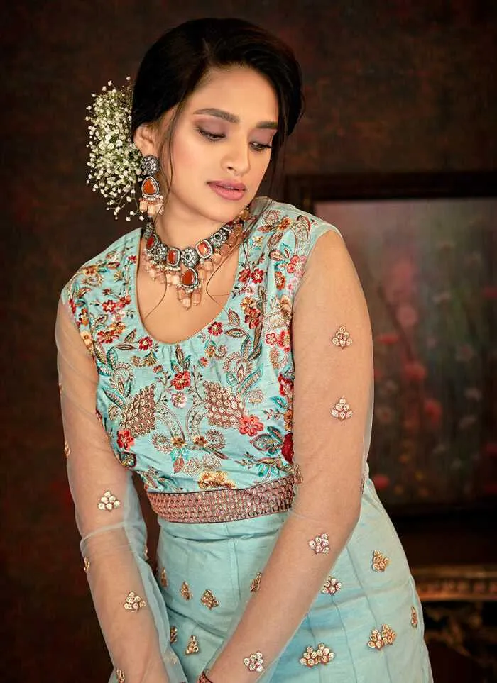 Aqua and Gold Floral Embroidered Kalidar Anarkali