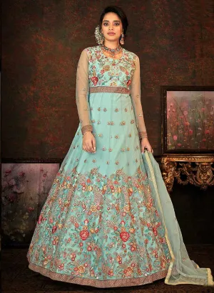 Aqua and Gold Floral Embroidered Kalidar Anarkali