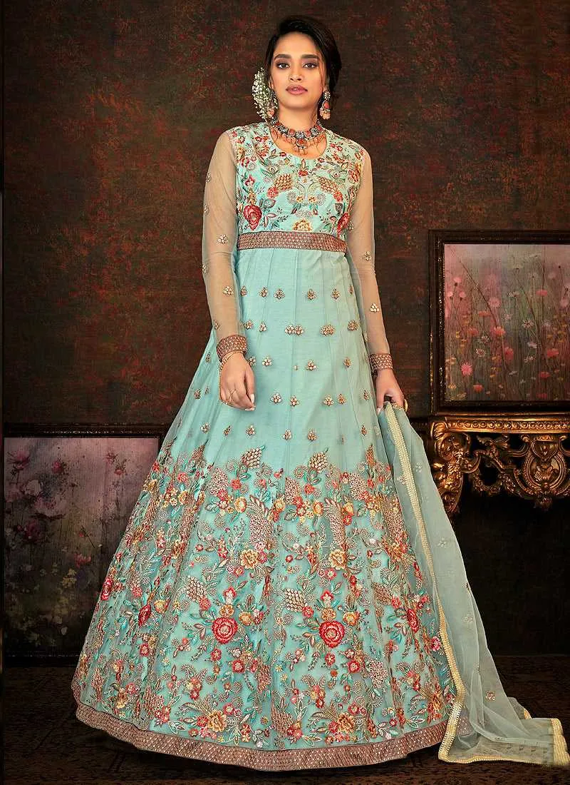 Aqua and Gold Floral Embroidered Kalidar Anarkali