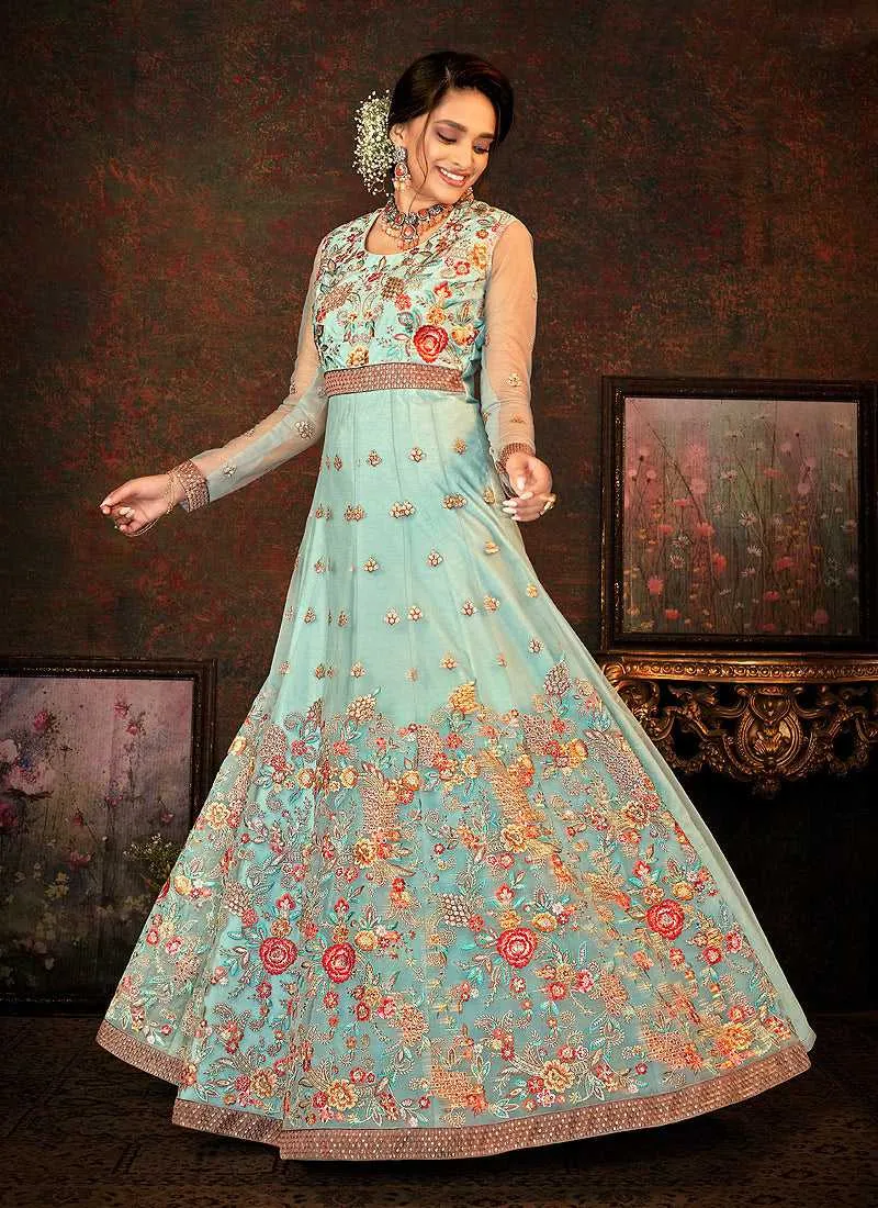 Aqua and Gold Floral Embroidered Kalidar Anarkali