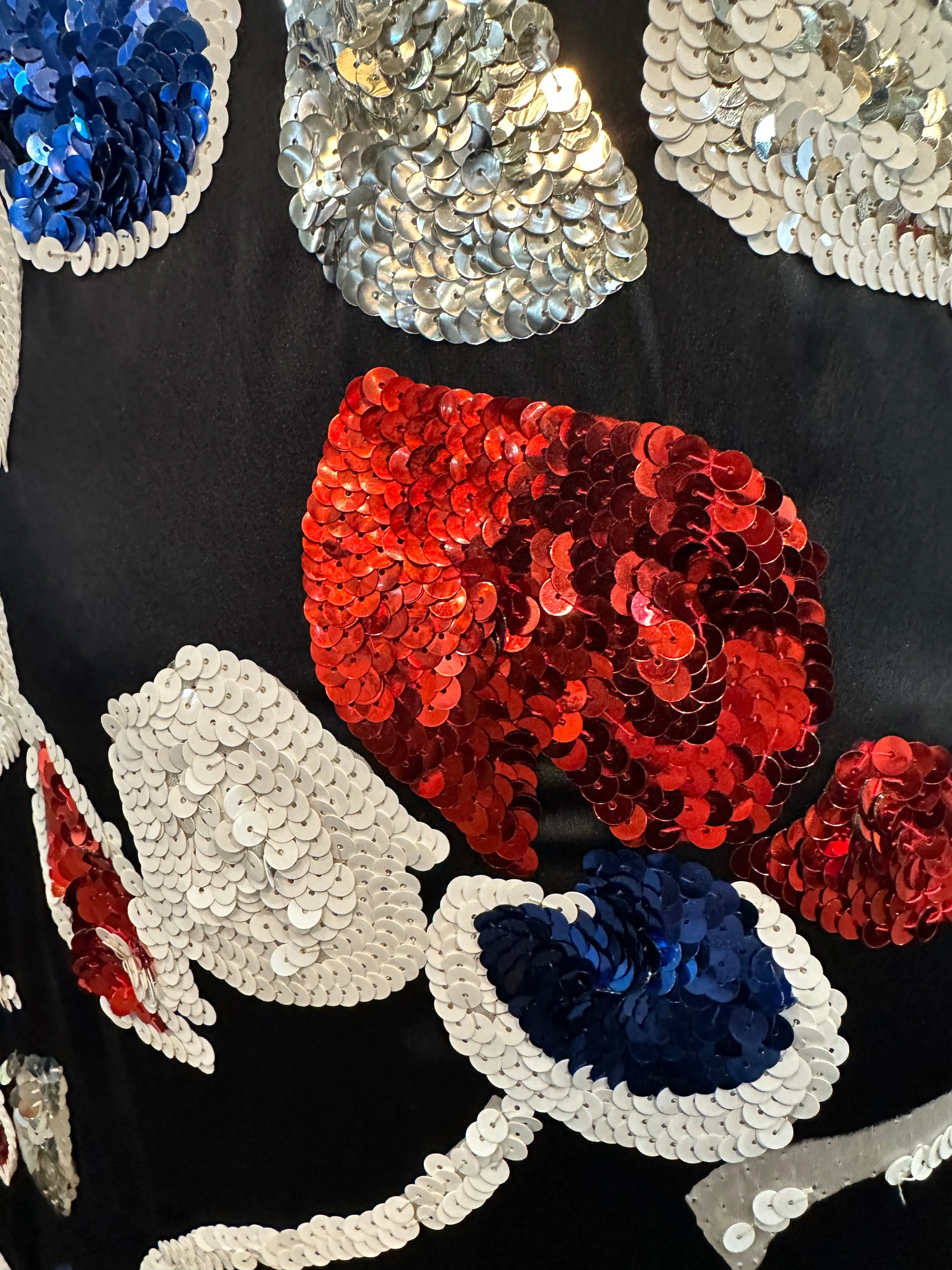 Arnold Scaasi 80s Black Strapless Gown with Red, White, & Blue Sequins