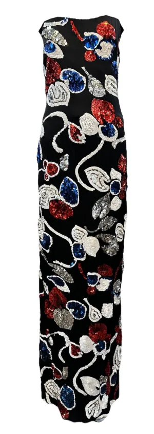 Arnold Scaasi 80s Black Strapless Gown with Red, White, & Blue Sequins