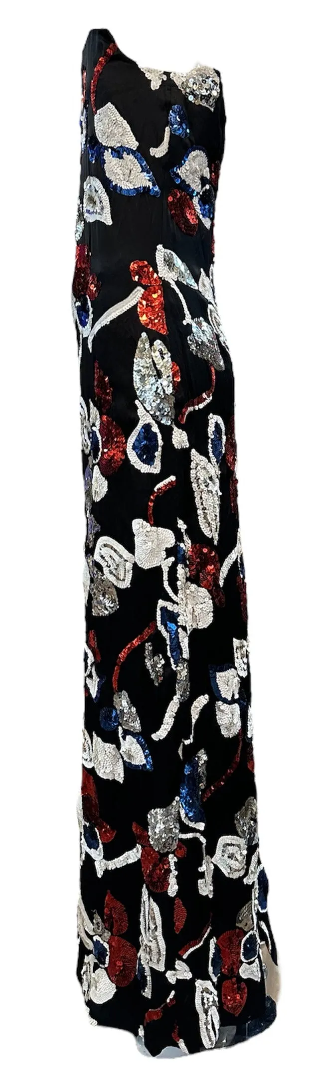 Arnold Scaasi 80s Black Strapless Gown with Red, White, & Blue Sequins