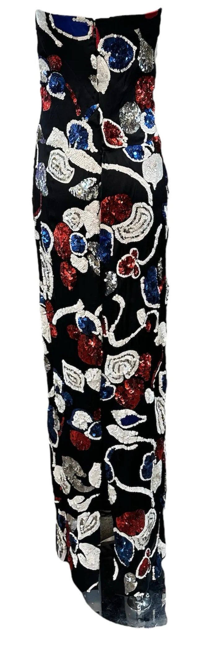 Arnold Scaasi 80s Black Strapless Gown with Red, White, & Blue Sequins