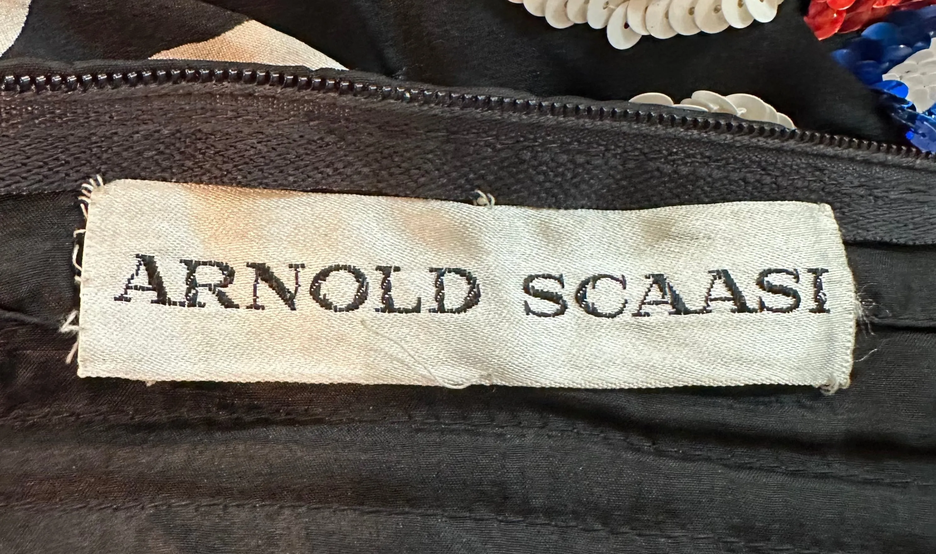 Arnold Scaasi 80s Black Strapless Gown with Red, White, & Blue Sequins