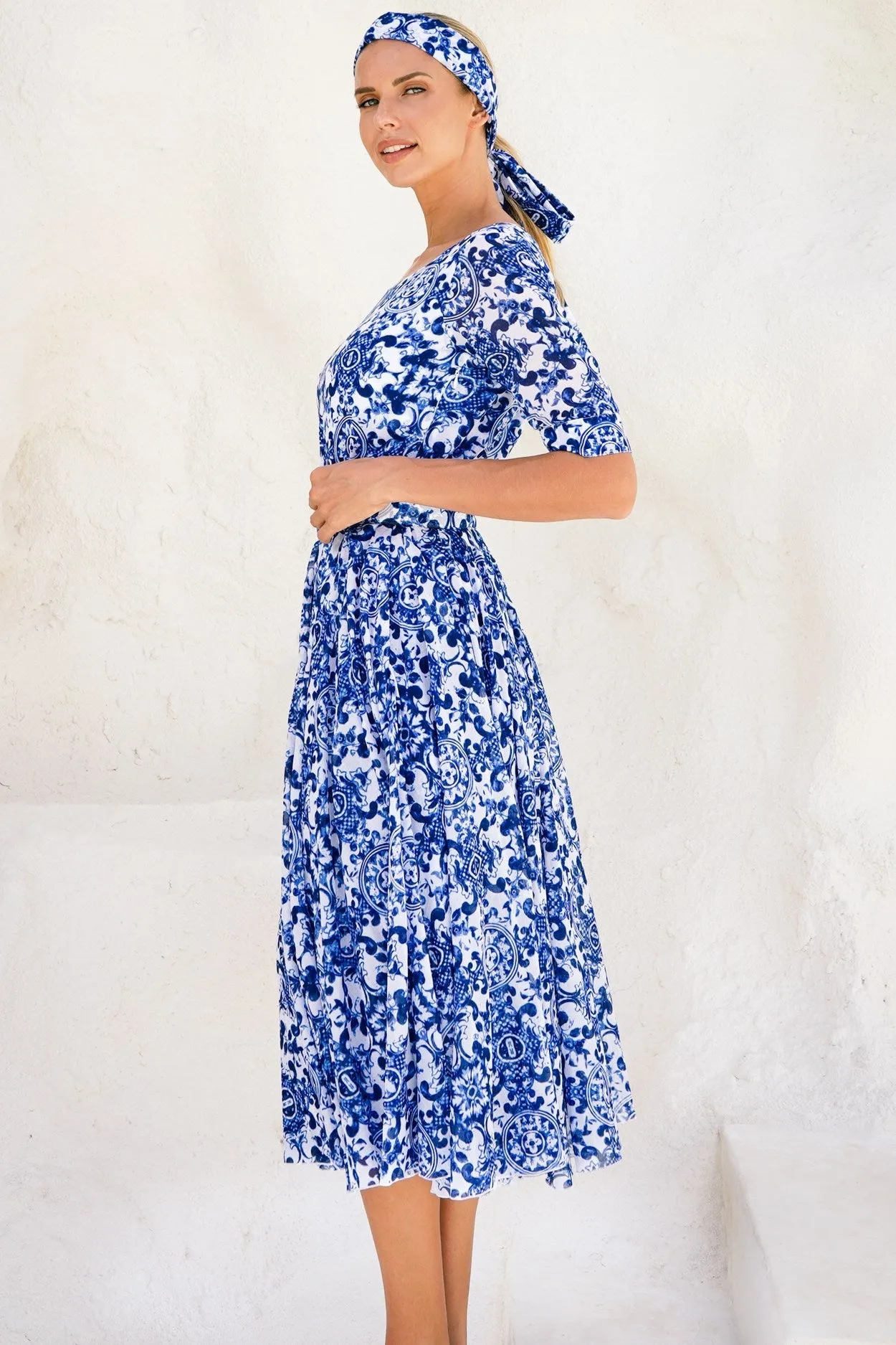 Aster Dress Boat Neck 1/2 Sleeve Midi Length Cotton Musola (Ibiza Sintra Tile)