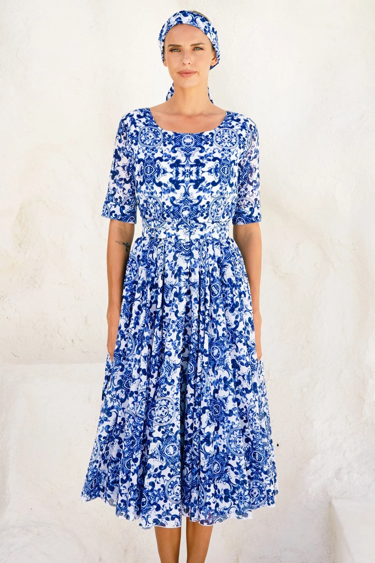 Aster Dress Boat Neck 1/2 Sleeve Midi Length Cotton Musola (Ibiza Sintra Tile)