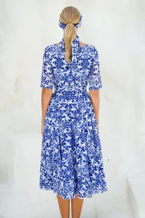 Aster Dress Boat Neck 1/2 Sleeve Midi Length Cotton Musola (Ibiza Sintra Tile)