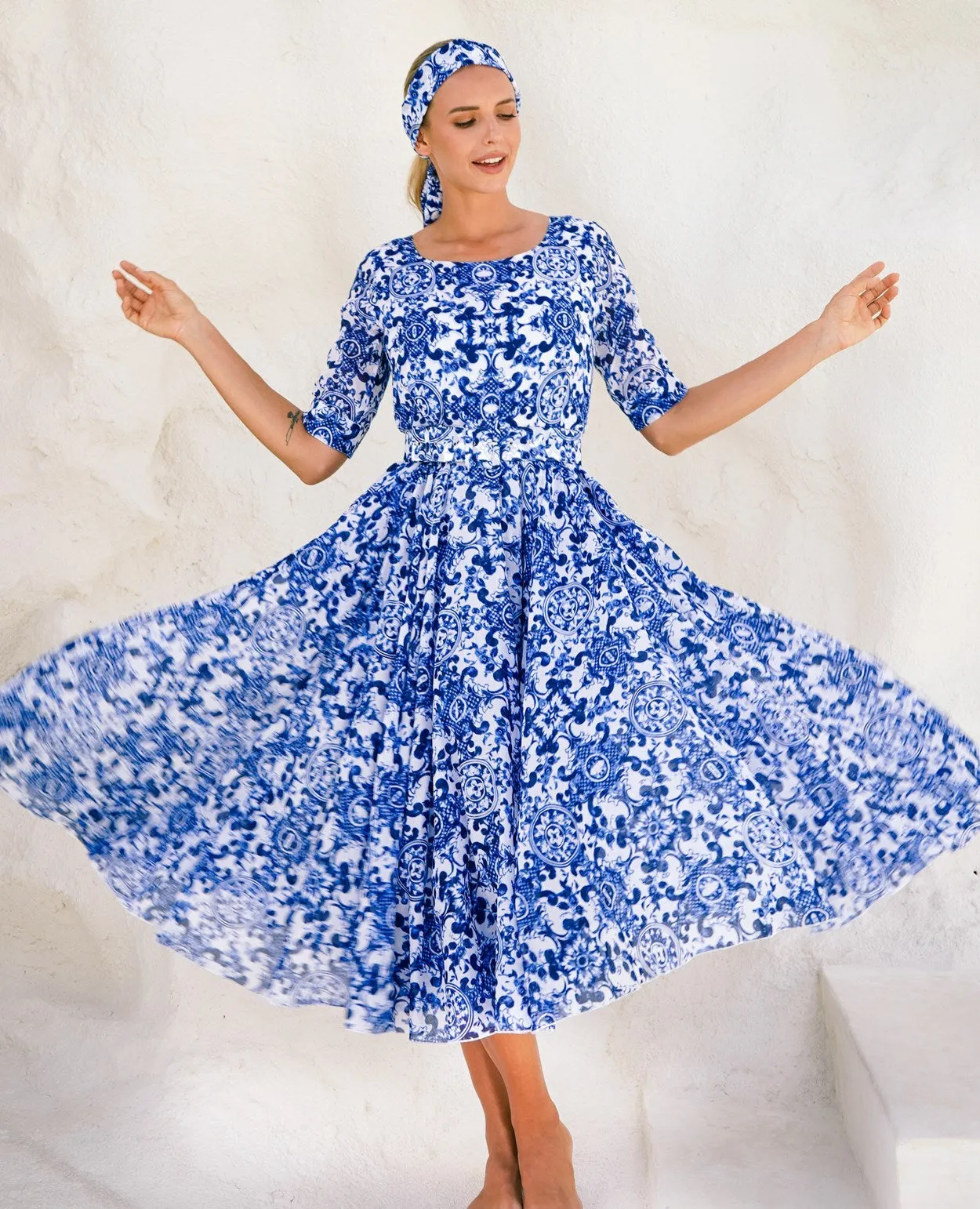 Aster Dress Boat Neck 1/2 Sleeve Midi Length Cotton Musola (Ibiza Sintra Tile)