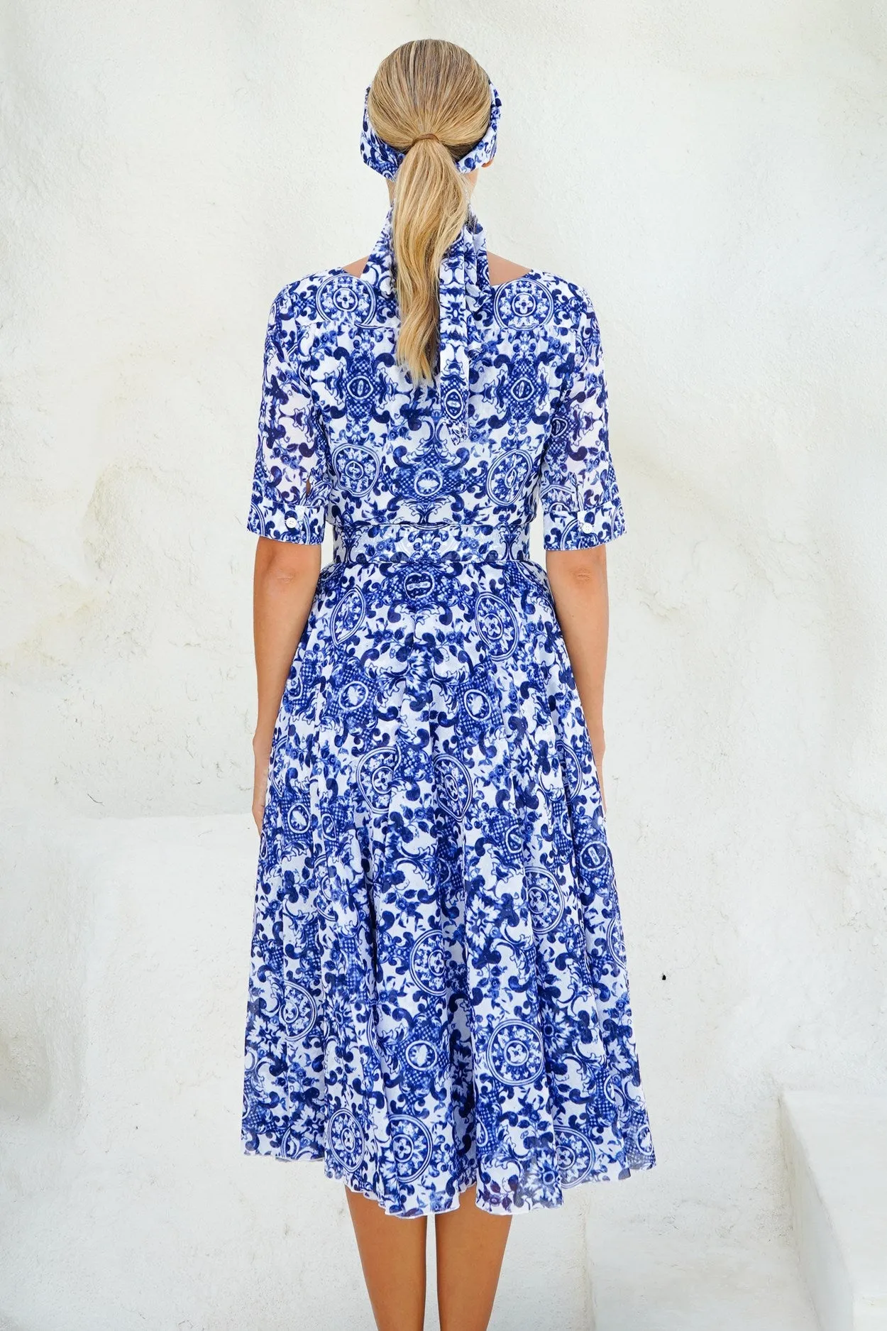 Aster Dress Boat Neck 1/2 Sleeve Midi Length Cotton Musola (Ibiza Sintra Tile)