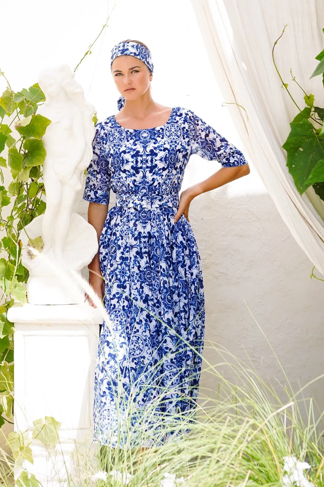 Aster Dress Boat Neck 1/2 Sleeve Midi Length Cotton Musola (Ibiza Sintra Tile)