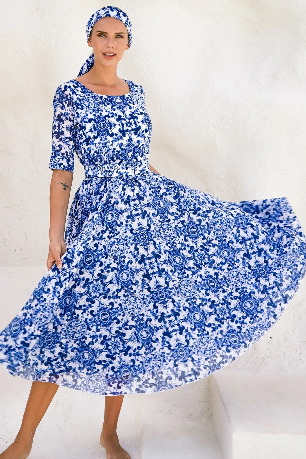 Aster Dress Boat Neck 1/2 Sleeve Midi Length Cotton Musola (Ibiza Sintra Tile)