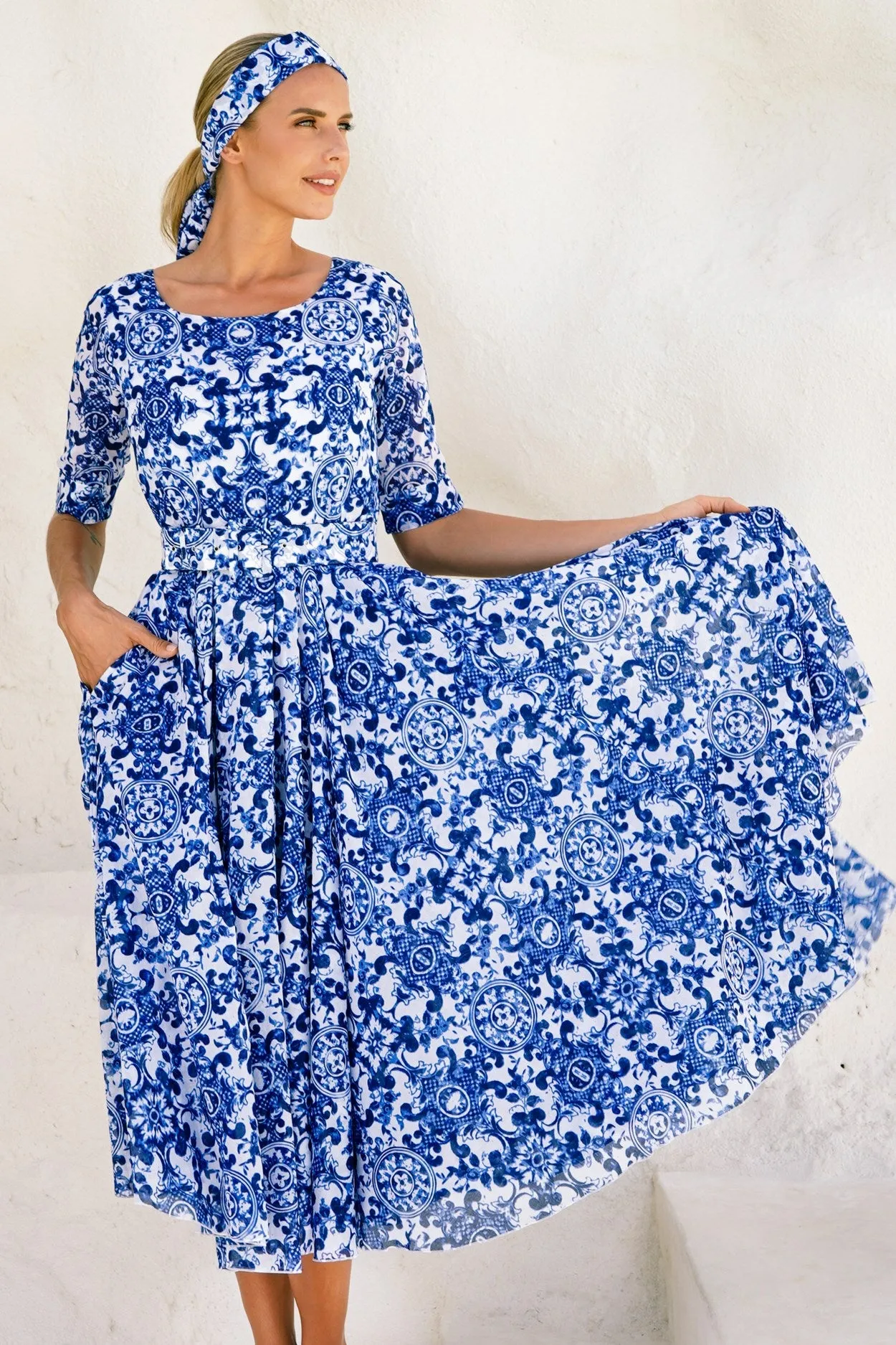 Aster Dress Boat Neck 1/2 Sleeve Midi Length Cotton Musola (Ibiza Sintra Tile)