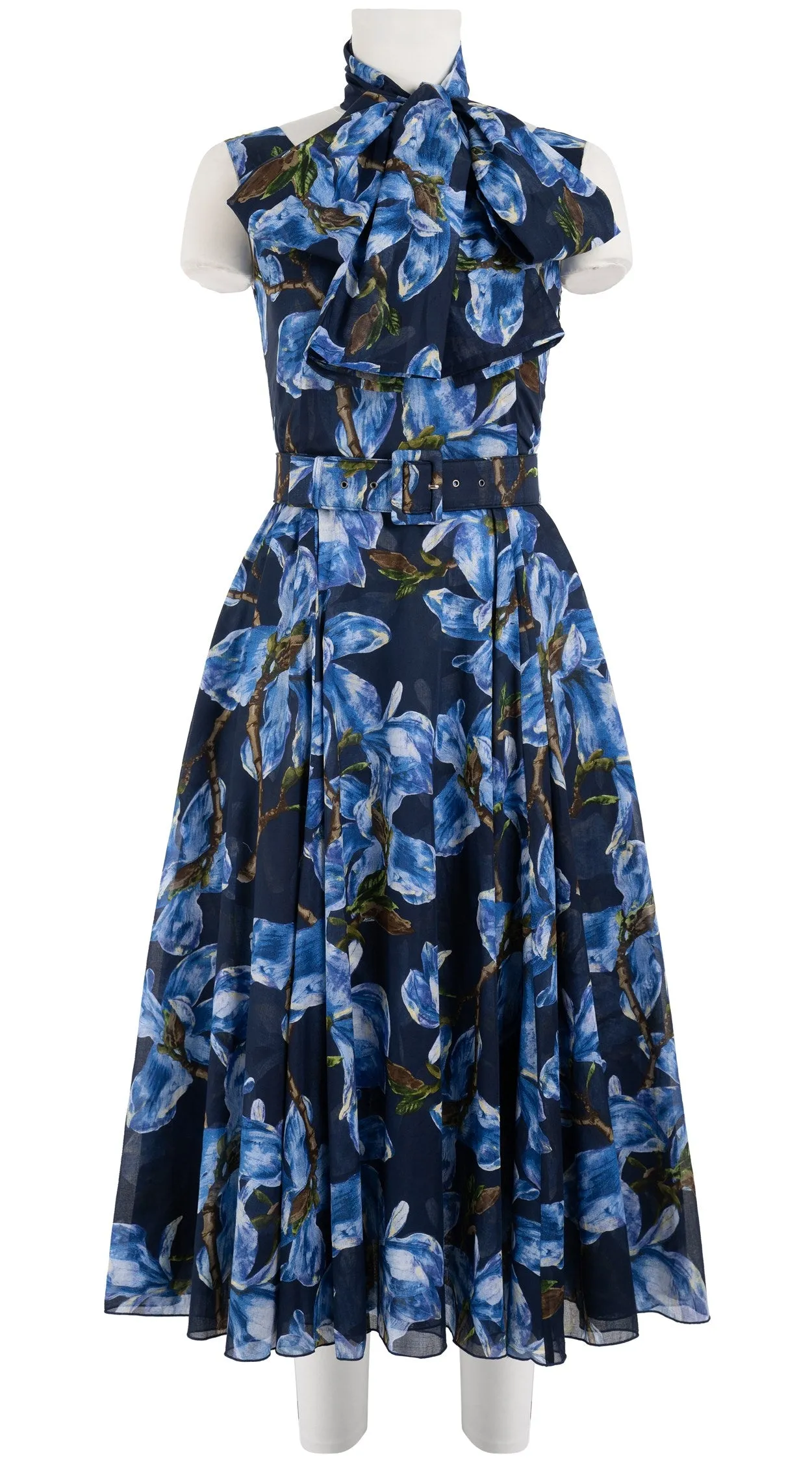 Aster  Dress Boat Neck Sleeveless Midi Length Cotton Musola (Magnolia Blossom Black)