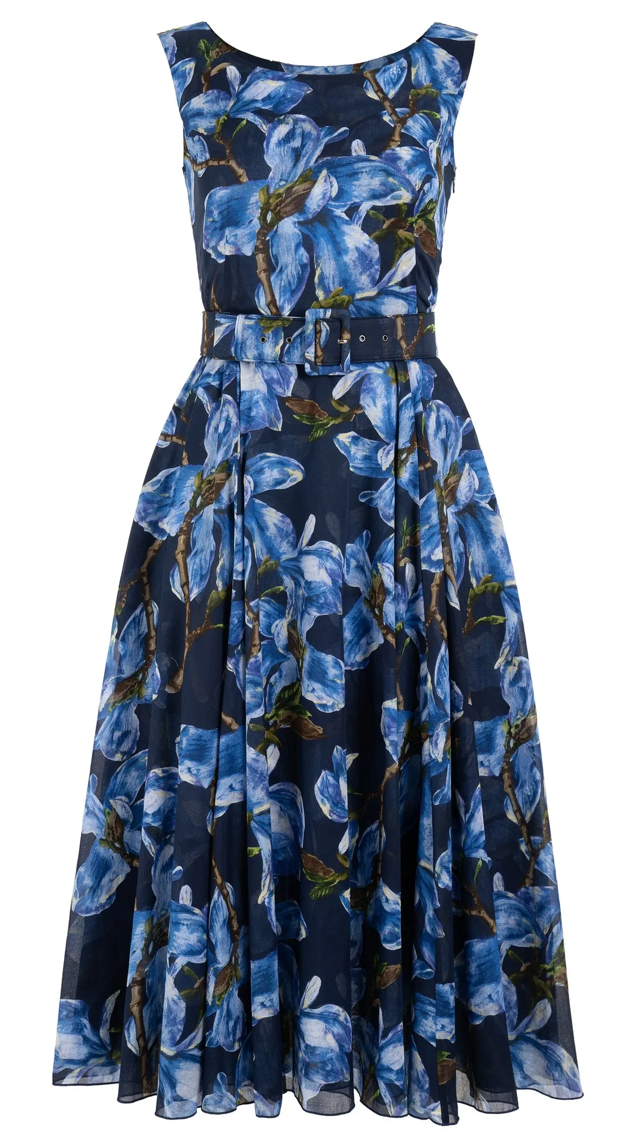 Aster  Dress Boat Neck Sleeveless Midi Length Cotton Musola (Magnolia Blossom Black)