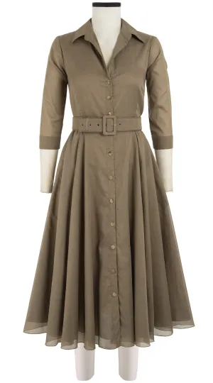 Aster Dress Shirt Collar 3/4 Sleeve Midi Length Cotton Musola_Solid_Khaki
