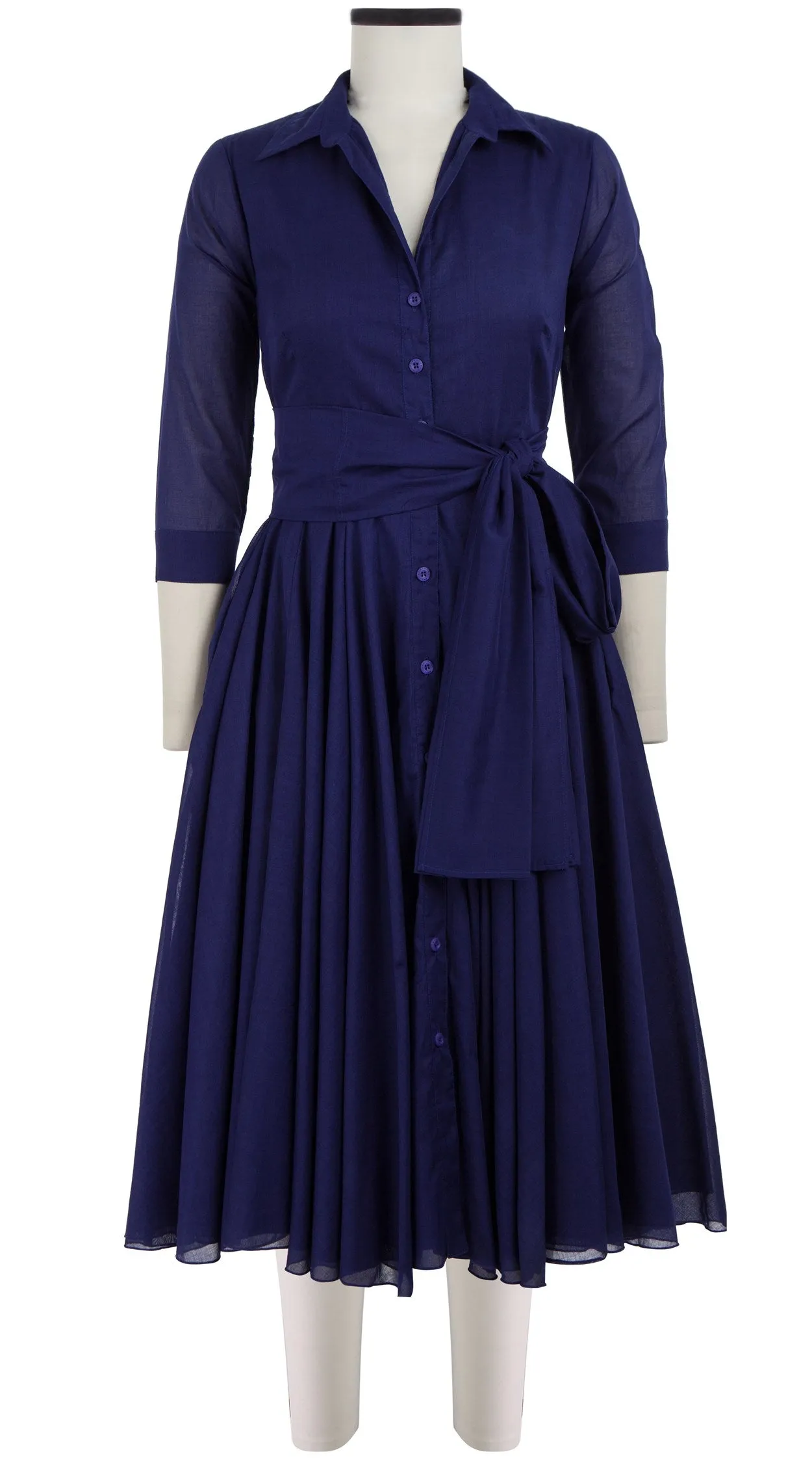Aster Dress Shirt Collar 3/4 Sleeve Midi Length Cotton Musola_Solid_Marine Blue