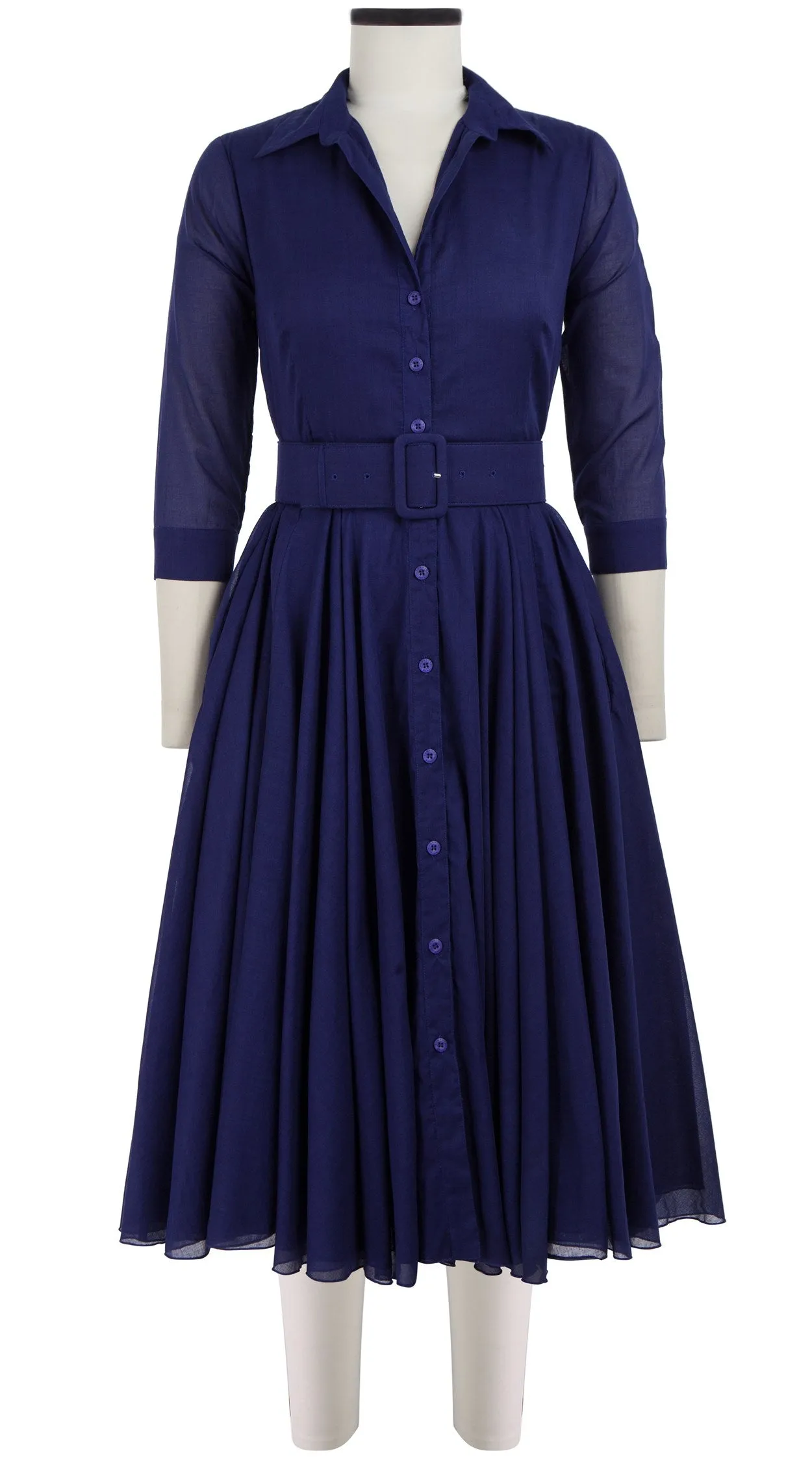Aster Dress Shirt Collar 3/4 Sleeve Midi Length Cotton Musola_Solid_Marine Blue