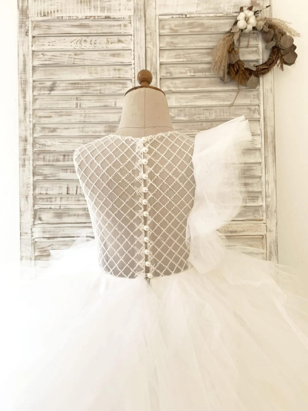 Asymmetrical Ivory Check Tulle Single Sleeve Wedding Party Flower Girl Dress