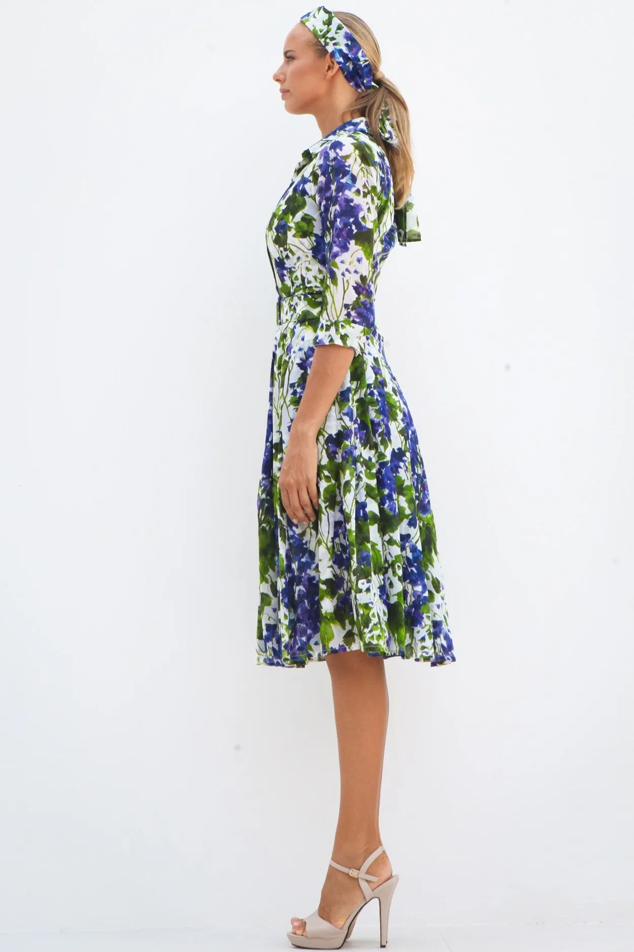 Audrey Dress #4 Shirt Collar 3/4 Sleeve Long Length Cotton Musola (Bell Flower New)