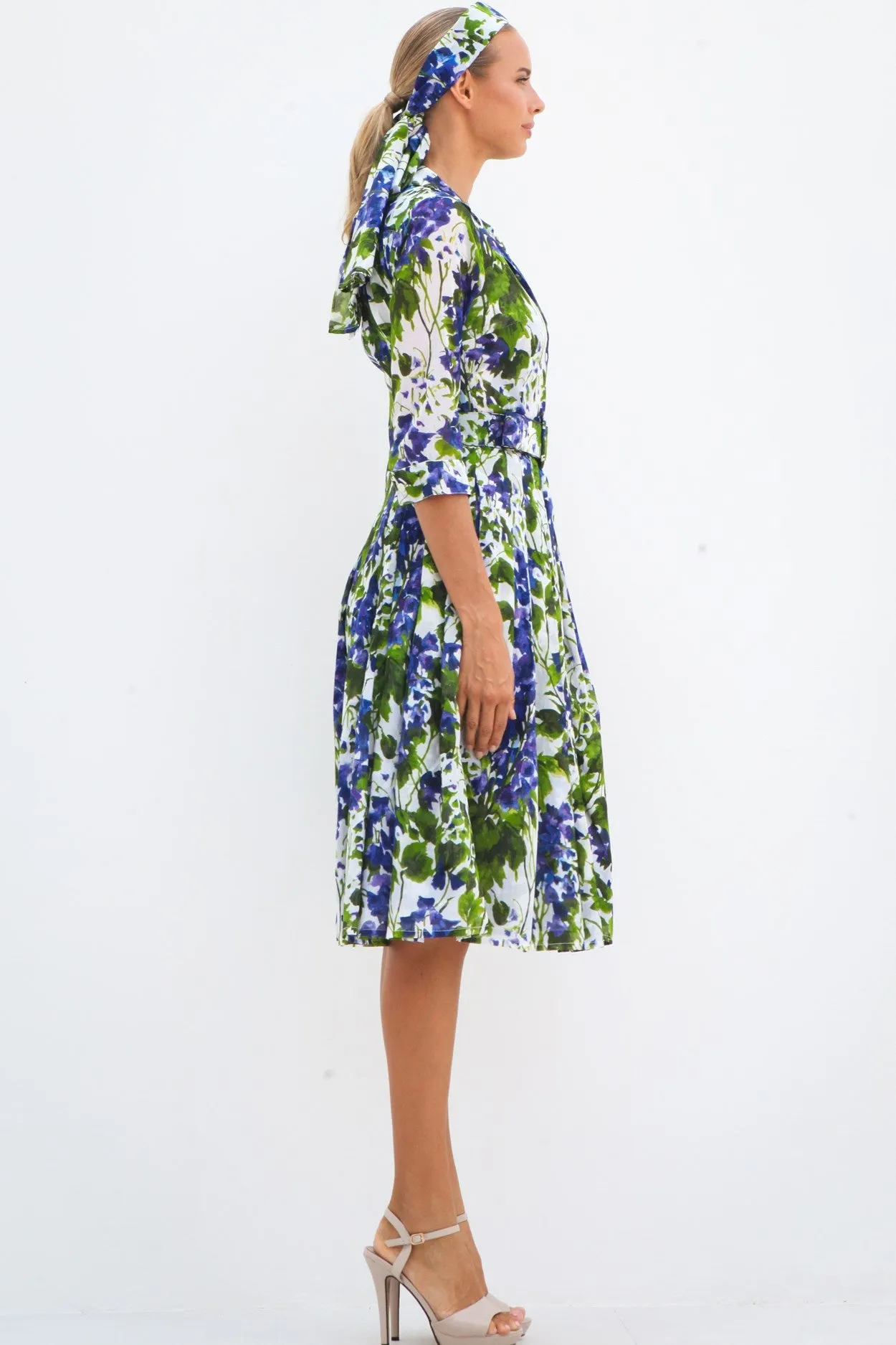 Audrey Dress #4 Shirt Collar 3/4 Sleeve Long Length Cotton Musola (Bell Flower New)