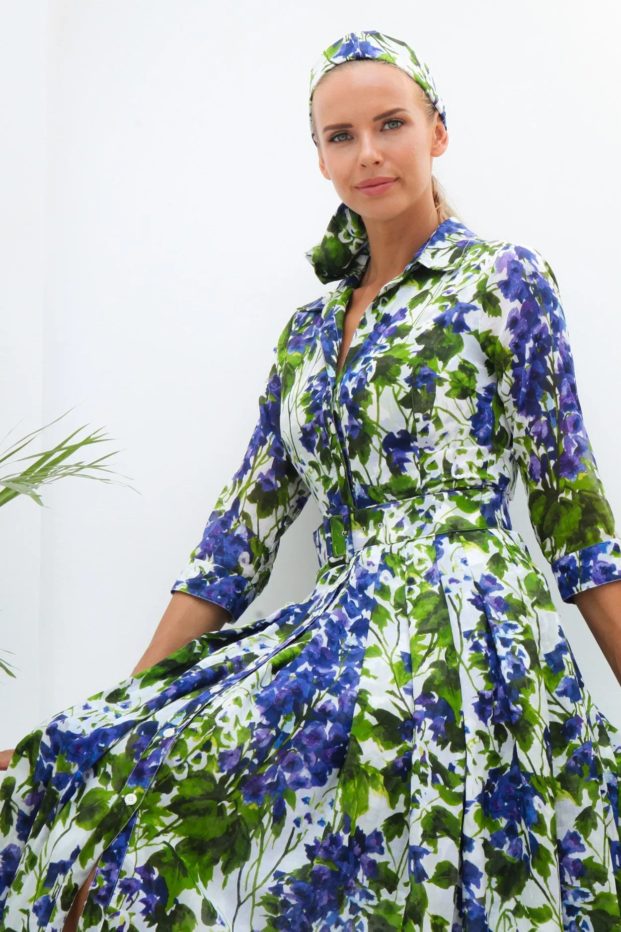 Audrey Dress #4 Shirt Collar 3/4 Sleeve Long Length Cotton Musola (Bell Flower New)