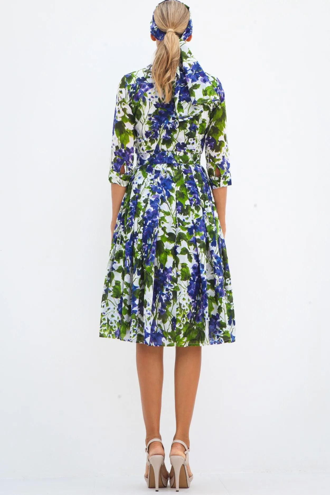 Audrey Dress #4 Shirt Collar 3/4 Sleeve Long Length Cotton Musola (Bell Flower New)