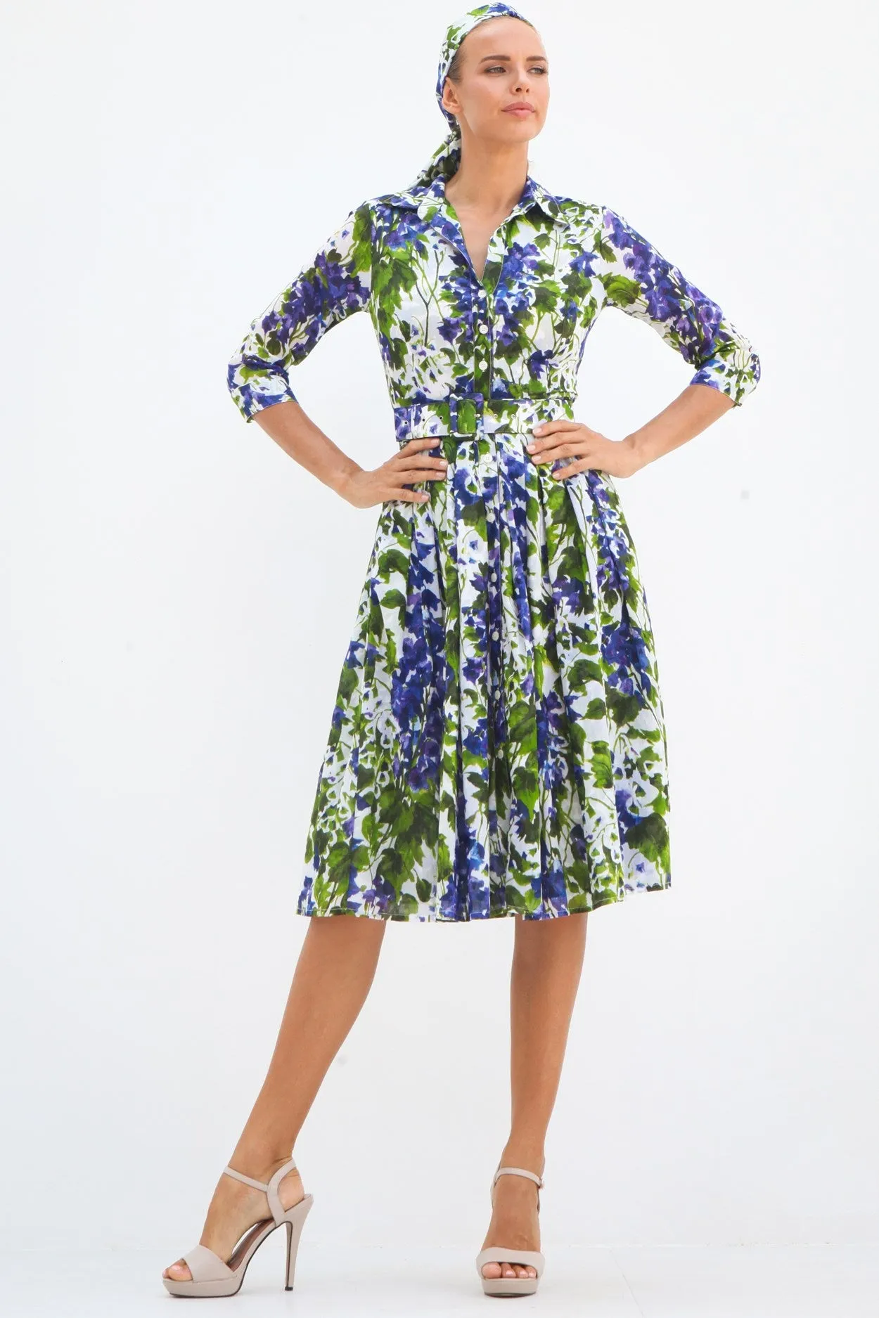 Audrey Dress #4 Shirt Collar 3/4 Sleeve Long Length Cotton Musola (Bell Flower New)