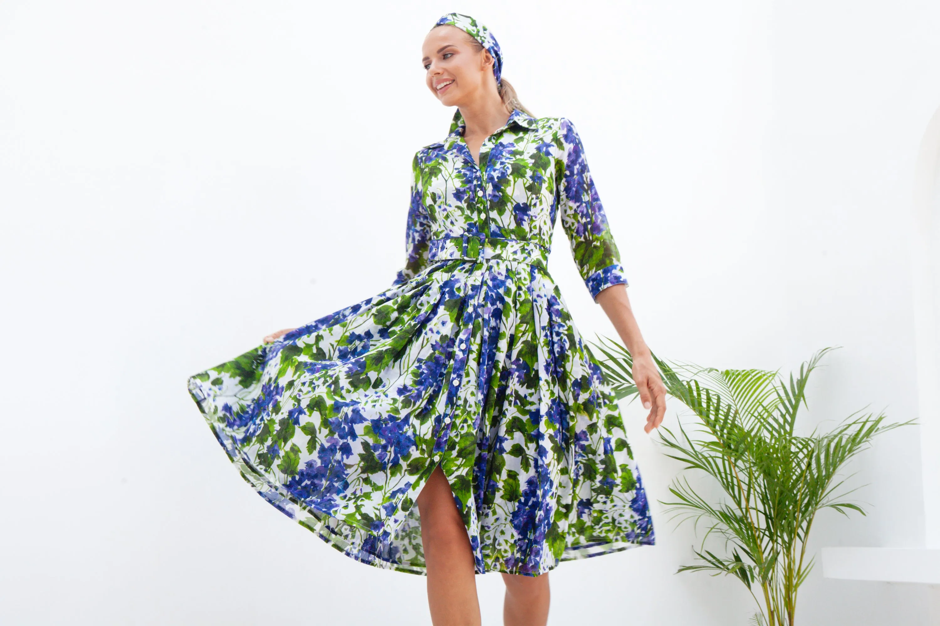 Audrey Dress #4 Shirt Collar 3/4 Sleeve Long Length Cotton Musola (Bell Flower New)