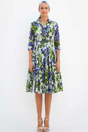 Audrey Dress #4 Shirt Collar 3/4 Sleeve Long Length Cotton Musola (Bell Flower New)
