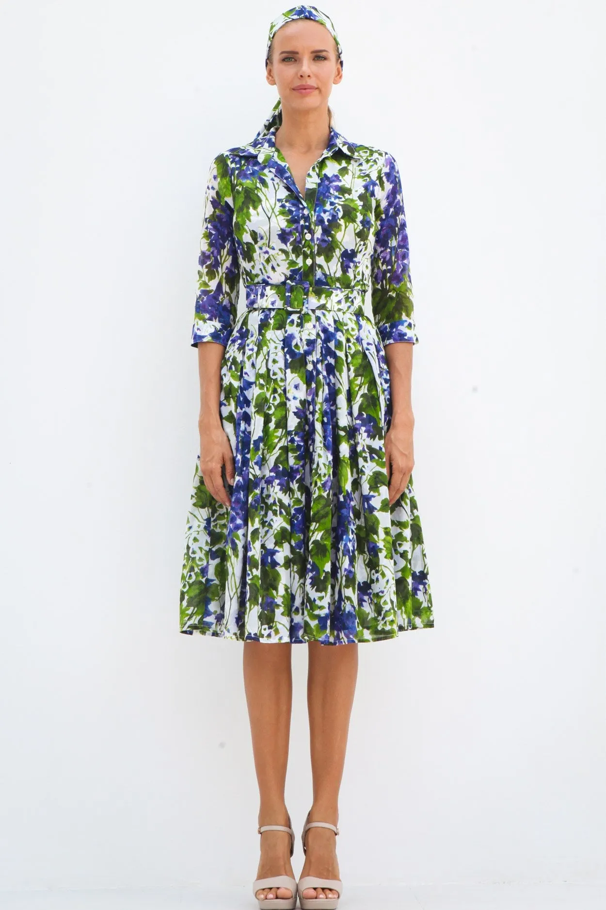 Audrey Dress #4 Shirt Collar 3/4 Sleeve Long Length Cotton Musola (Bell Flower New)