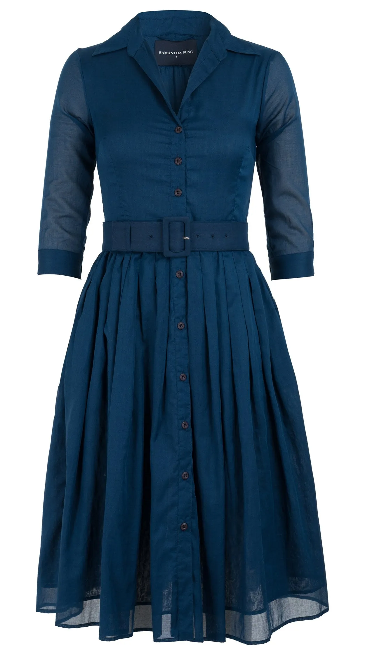 Audrey Dress #4 Shirt Collar 3/4 Sleeve Long Length Cotton Musola_Solid_Denim Blue
