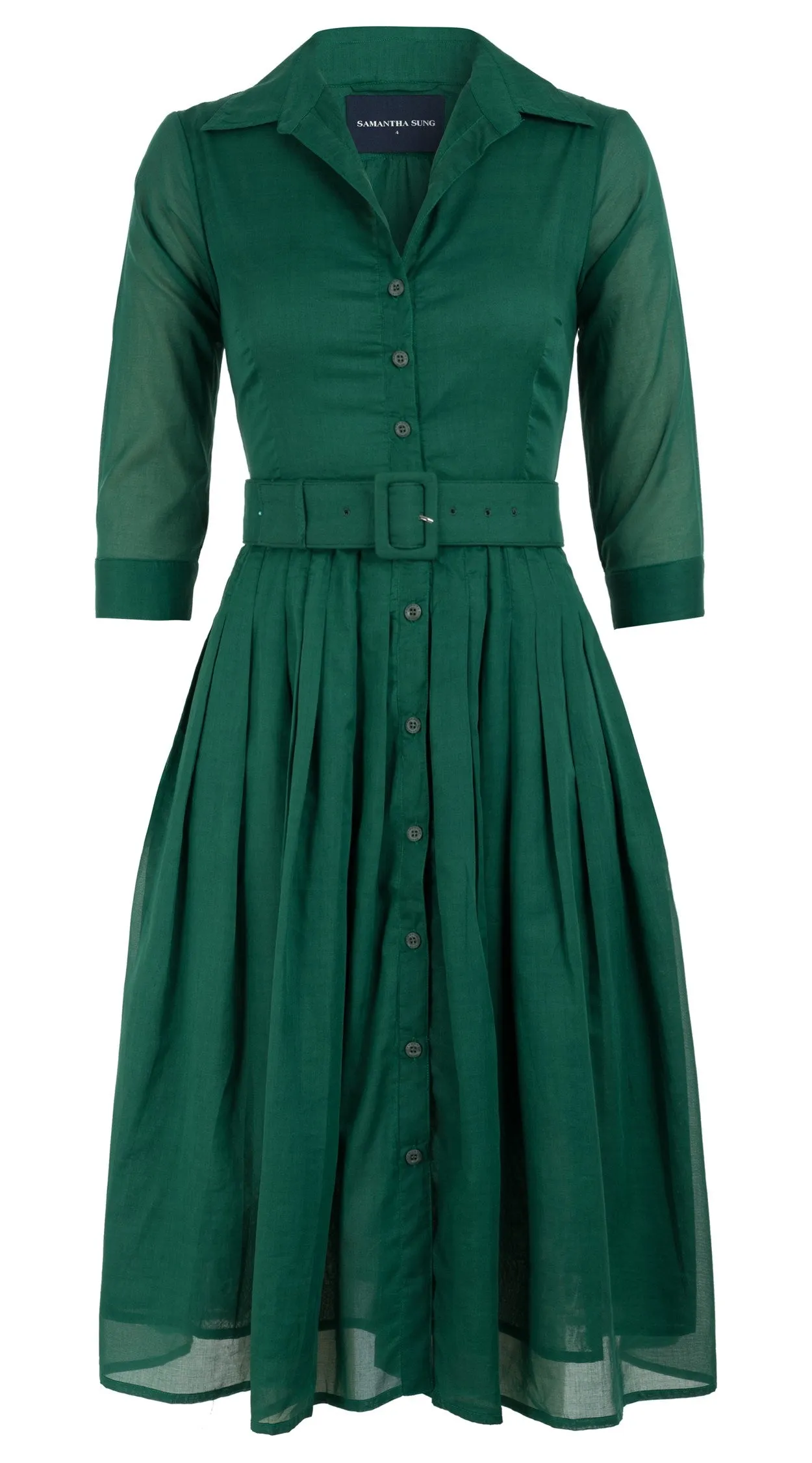 Audrey Dress #4 Shirt Collar 3/4 Sleeve Long Length Cotton Musola_Solid_Ivy Green