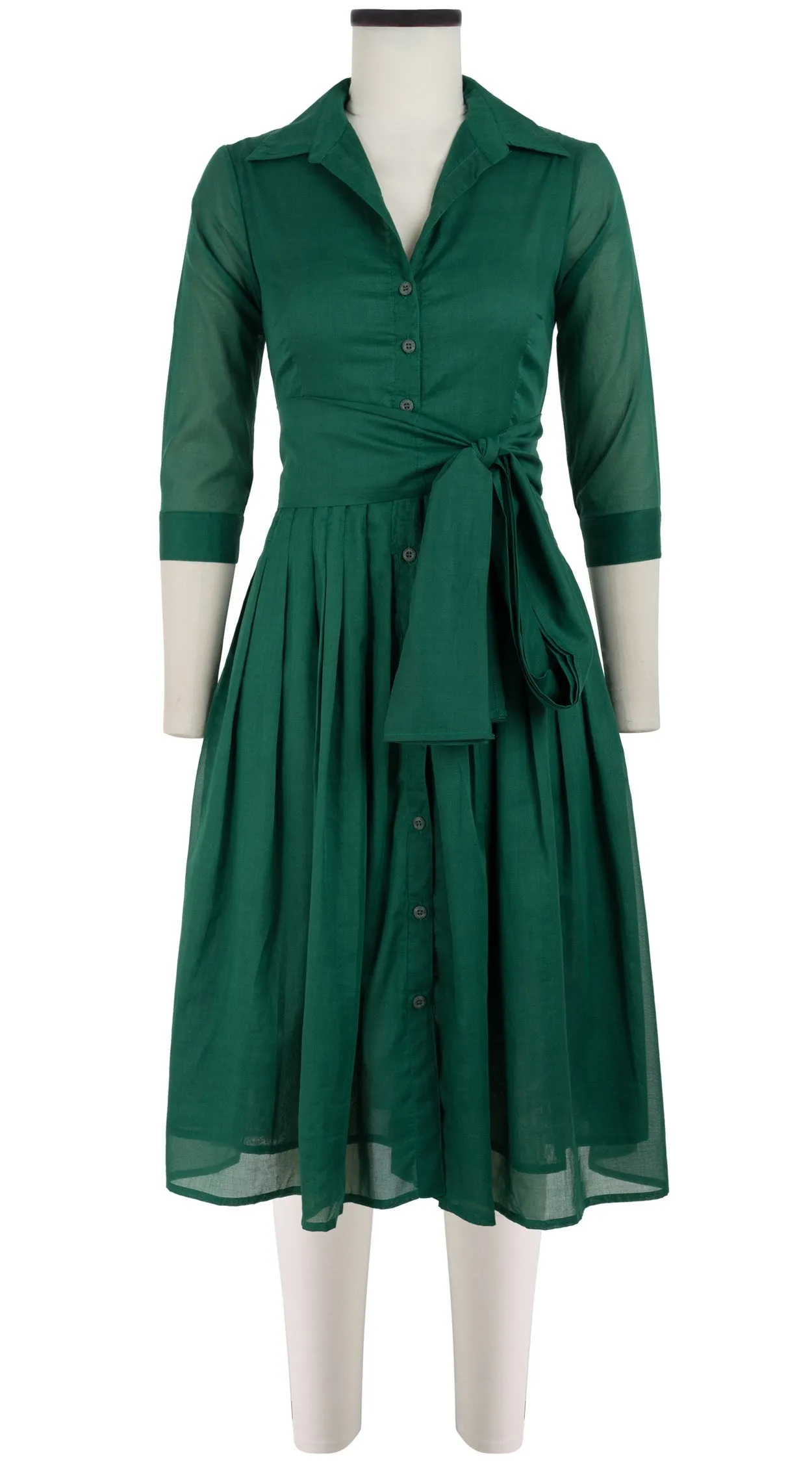 Audrey Dress #4 Shirt Collar 3/4 Sleeve Long Length Cotton Musola_Solid_Ivy Green
