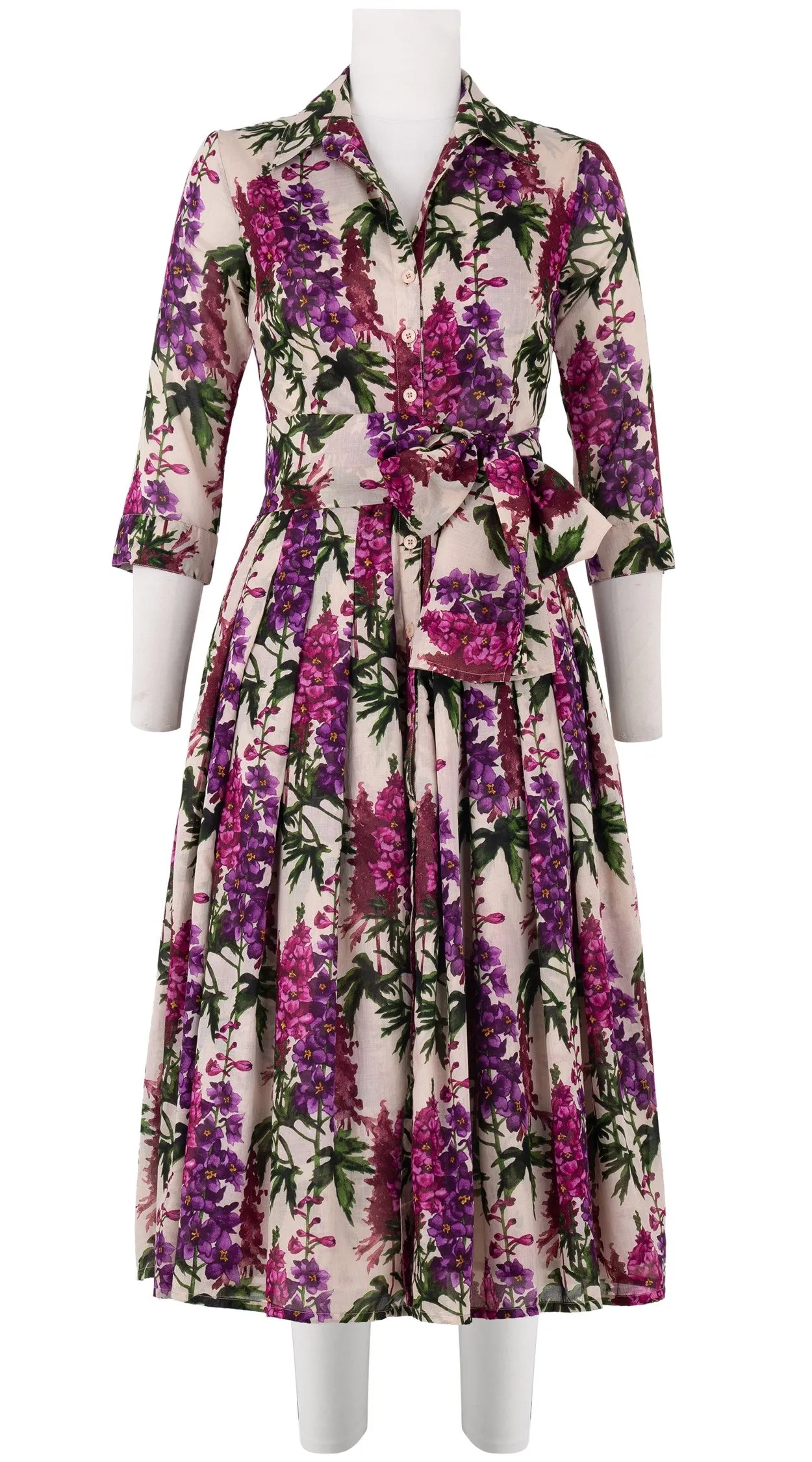 Audrey Dress #4 Shirt Collar 3/4 Sleeve Midi Length Cotton Musola (Campanula Flower)